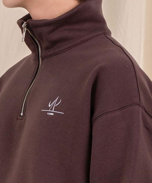 Ellamo French Terry Half-Zip Collared Oversized Sweatshirt [Brown]