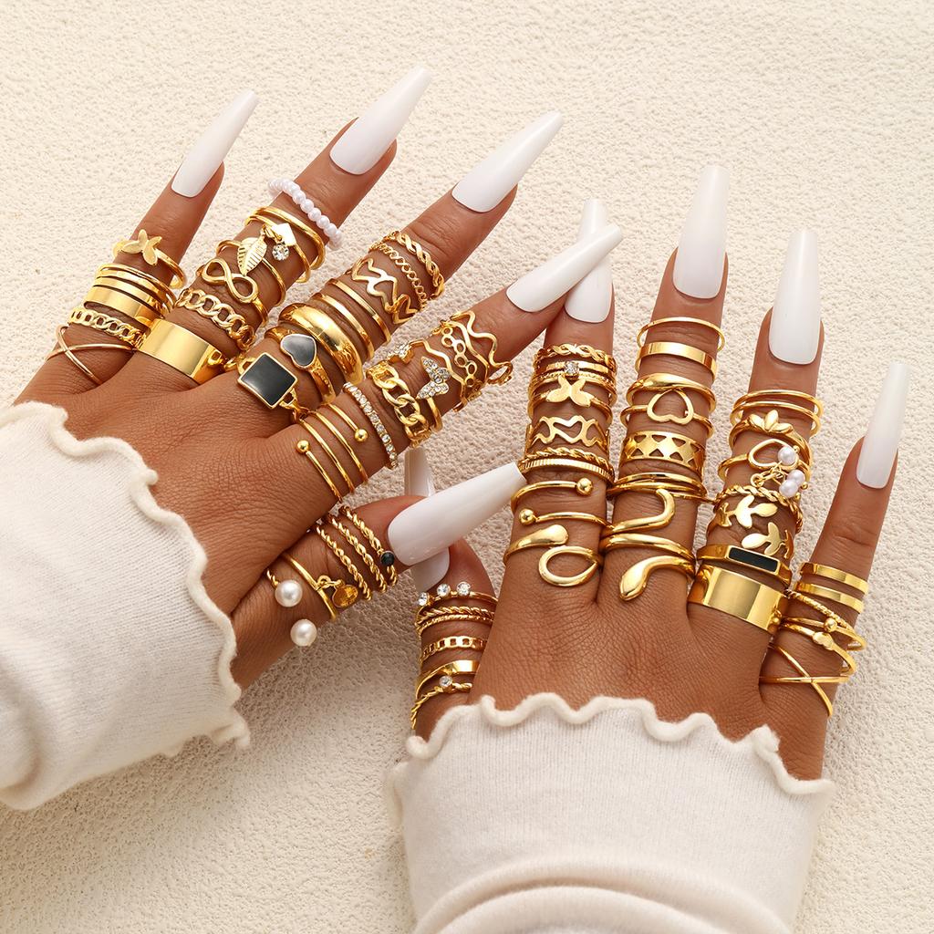 Fashion Minimalist Vintage Elegant Heart Butterfly Faux Pearl Rhinestone Geometric Wave Infinity Metal Rings Set Party Jewelry