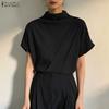 ZANZEA Womens Casual Half-turtleneck Solid Color Loose Short Sleeve Blouse