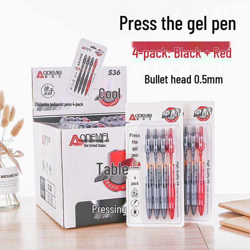 S36 Click Gel Pen 4-Pack 0.5mm Bullet Tip - Black & Red for Students, Office, Business, Exams, Signing