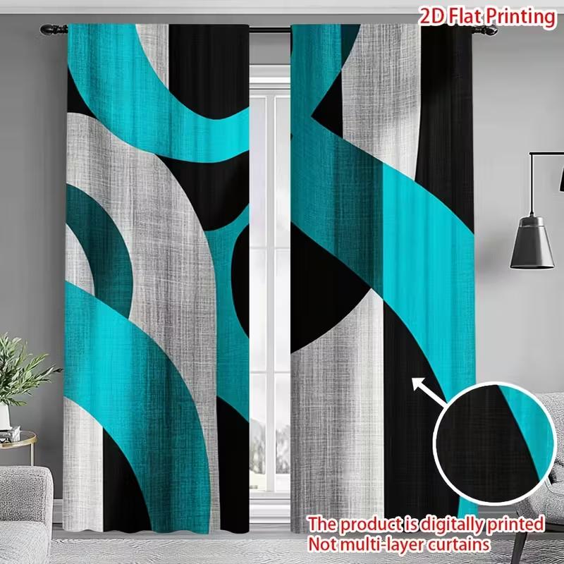 2pcs Modern Geometric Teal Black Pattern Curtains, Designed for Light Blocking, Premium Material, Suitable for Living Room, Bedr