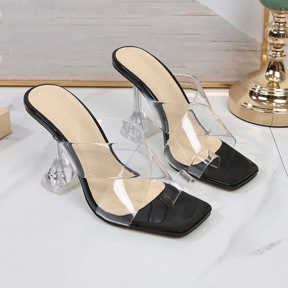 

2025 New Summer Transparent PVC Women Slippers Shoes Square toe Clear Heeled Mules Slides High heels Sandals 35 чёрный