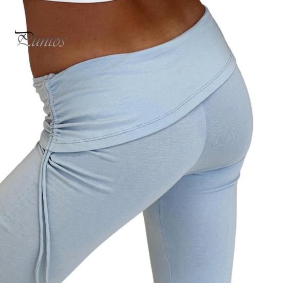 Damebukser Mellomhøyde elastisk midje Justerbar sidesnøring Lange bukser Ensfarget skinny utsvingte bukser Daglig bruk