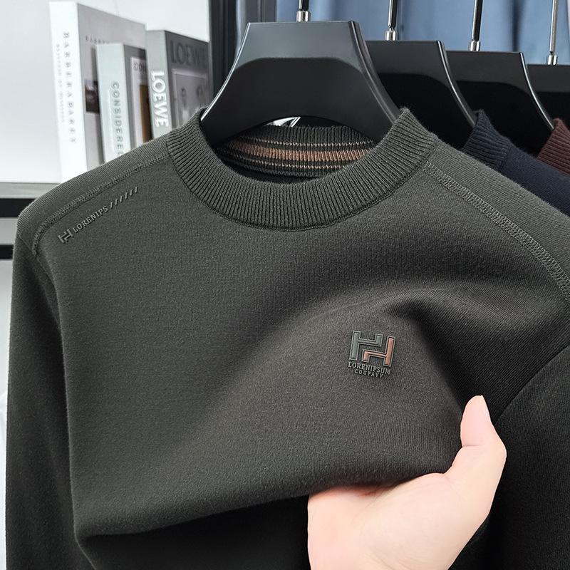 Men's 2025 Pullover Hoodie: Thickened Velvet, Solid Color, Round Neck Knitwear for Middle-Aged and Elderly Men