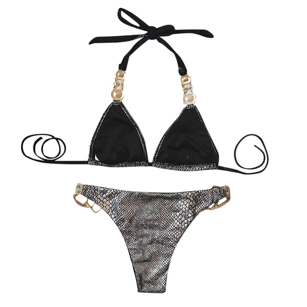 Women's Two Piece Bikini Set Metal Accent Halter Neck Backless Design Adjustable Straps Swimwear Beachwear