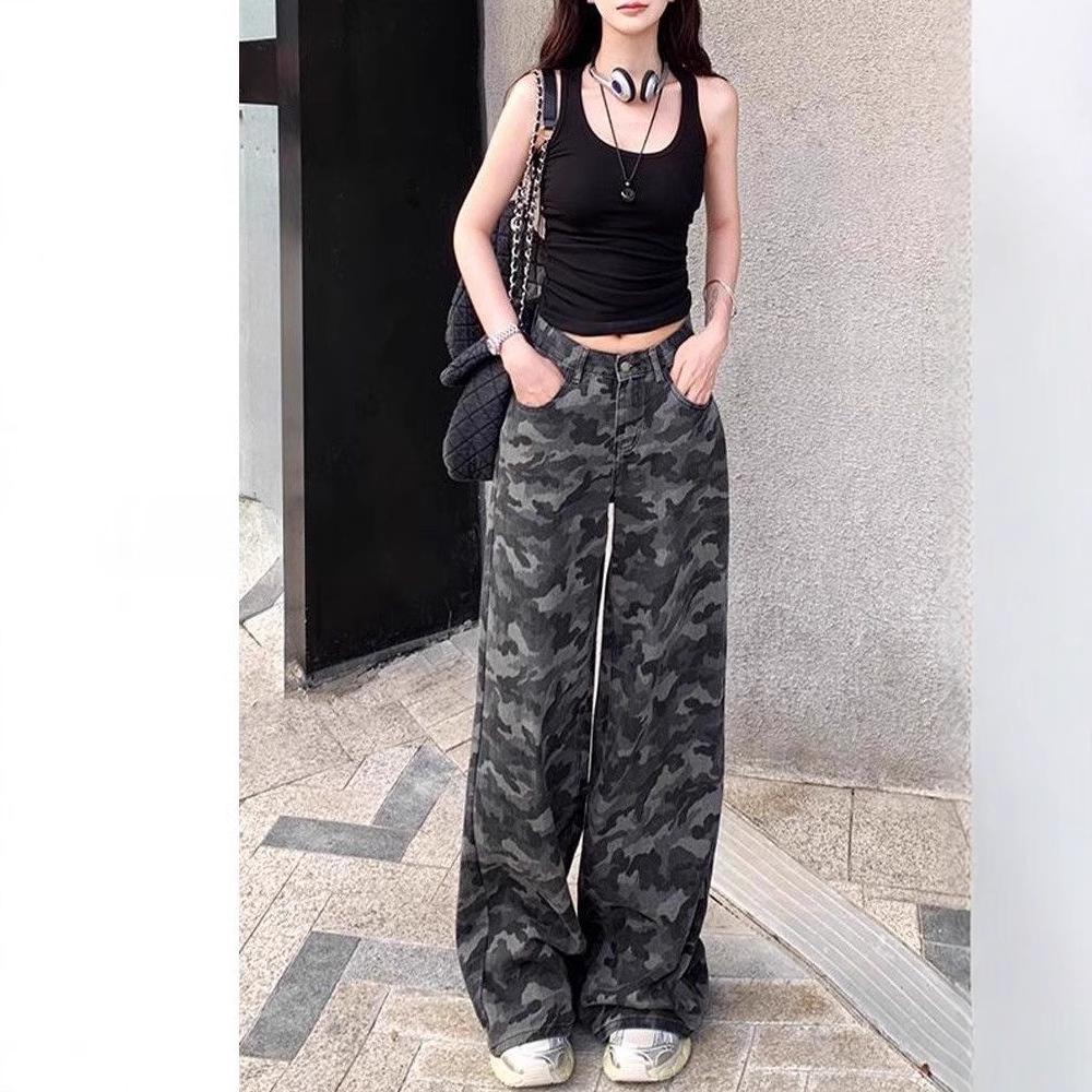 Dámské retro bavlněné kalhoty s maskáčovým vzorem a širokými nohavicemi - Kolekce jaro/léto 2025, Volný střih plus size