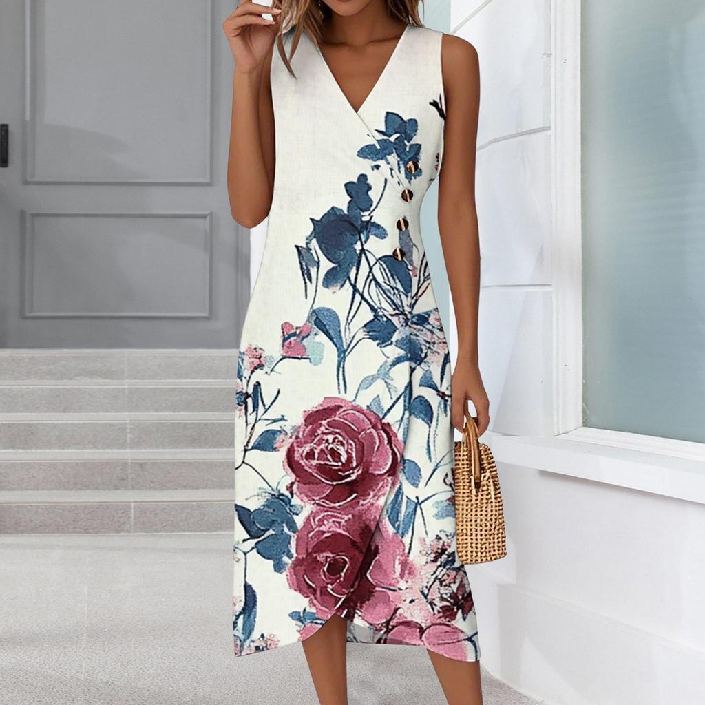 Women's Casual V-Neck Spring/Summer Sleeveless Button Retro Print Dress