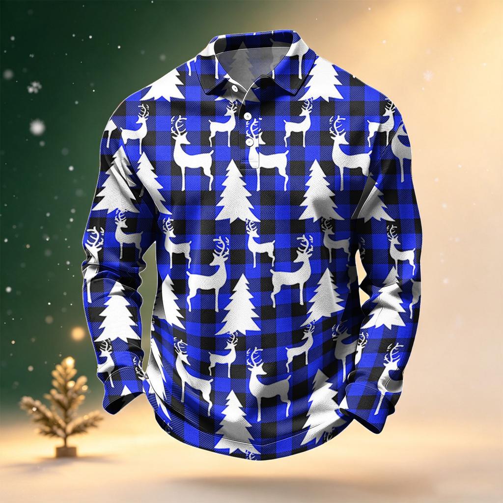 Men's Golf Shirt Long Sleeve Casual Christmas Print Quick-Dry Mesh Top