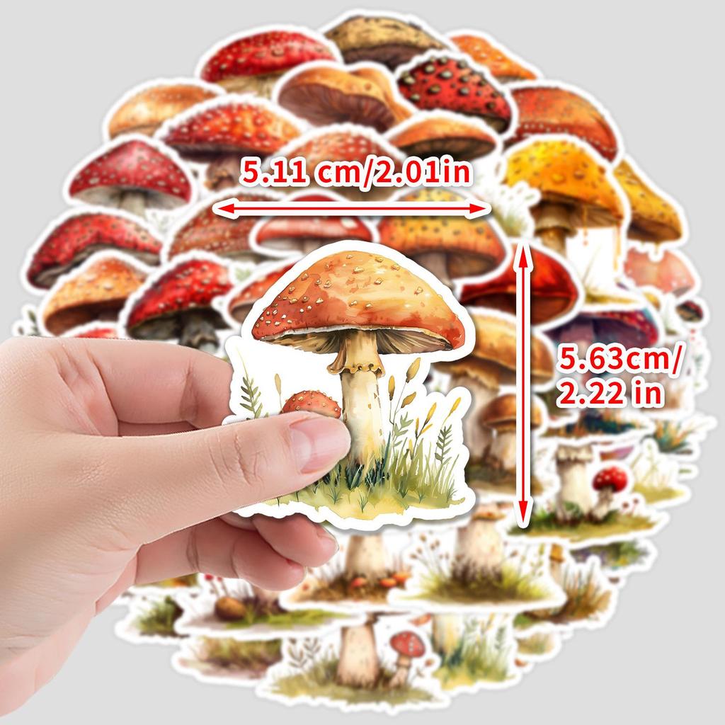 50 Watercolor Mushroom Doodle Stickers: Waterproof Decorative and Creative Fungi Stickers for Phone, Computer, and Stationery