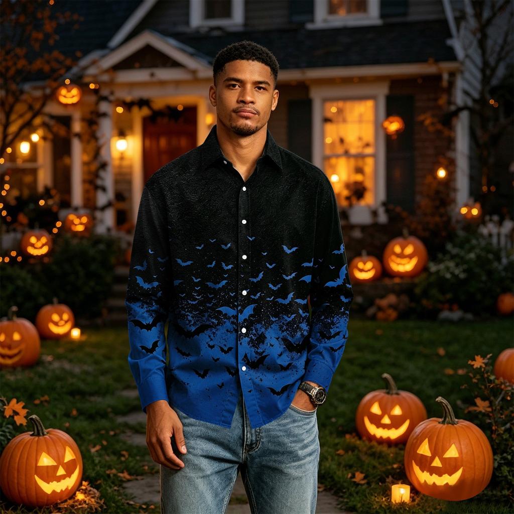 Men's Long Sleeve Button Down Halloween Print Shirt for Party Costume