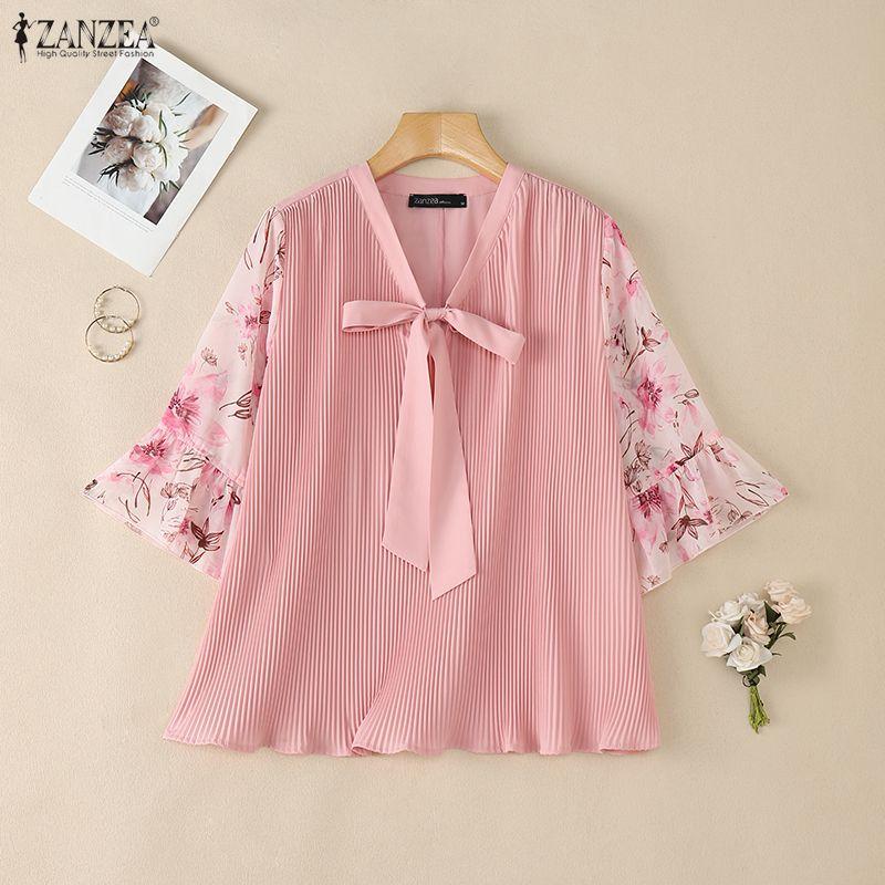 ZANZEA Women Casual V-Neck Floral Print Splice 3/4 Sleeve Loose Blouse
