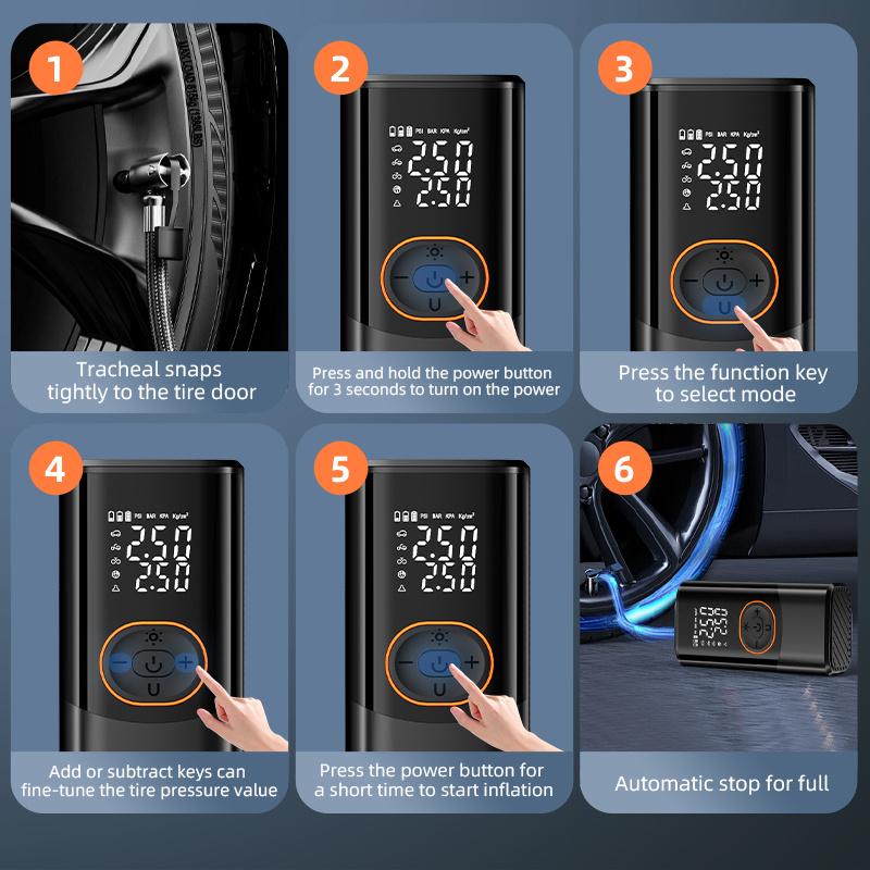 Portable air compressor with digital pressure gauge, 150PSI rechargeable battery, LED light, wireless tire inflator, and USB Type-C interface.