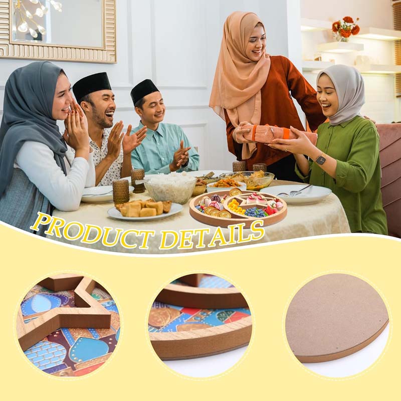Ramadan Moon Star Serving Tray - Eid Cupcake Candy Plates Mubarak Religious Painting for Family Party Wooden Decorations
