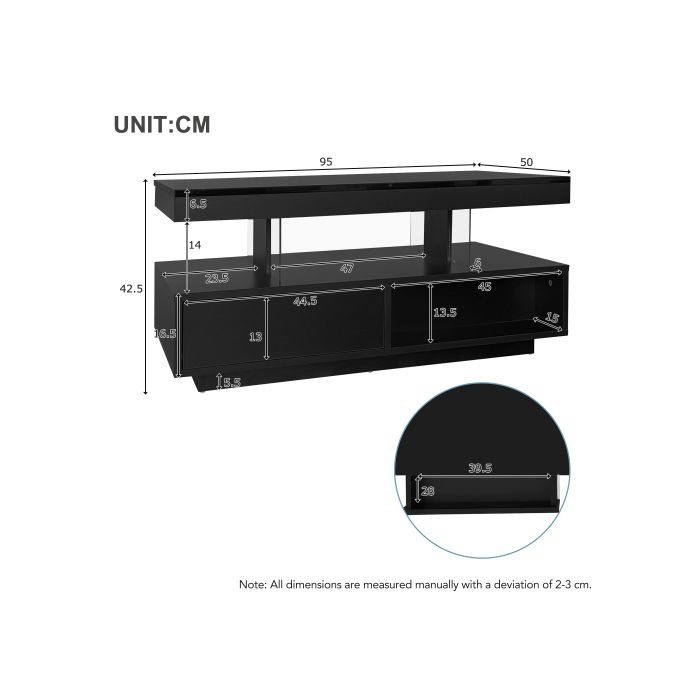 Table Basse - MUVOE - 95x50x42,5 Cm - Noir Brillant - 4 Plateaux En Verre - 2 Tiroirs