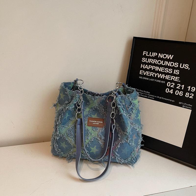 Borsa Tote in Denim a Quadri con Frange Vintage per Donna Grande Capacità Design a Stella Borsa a Spalla Borsa a Mano Casual