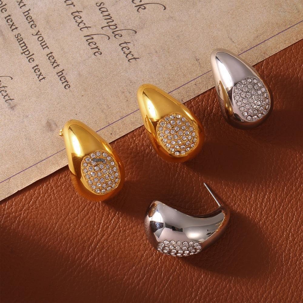 18k Gold Titanium Steel Teardrop Diamond Earrings - European & American Fashion Jewelry