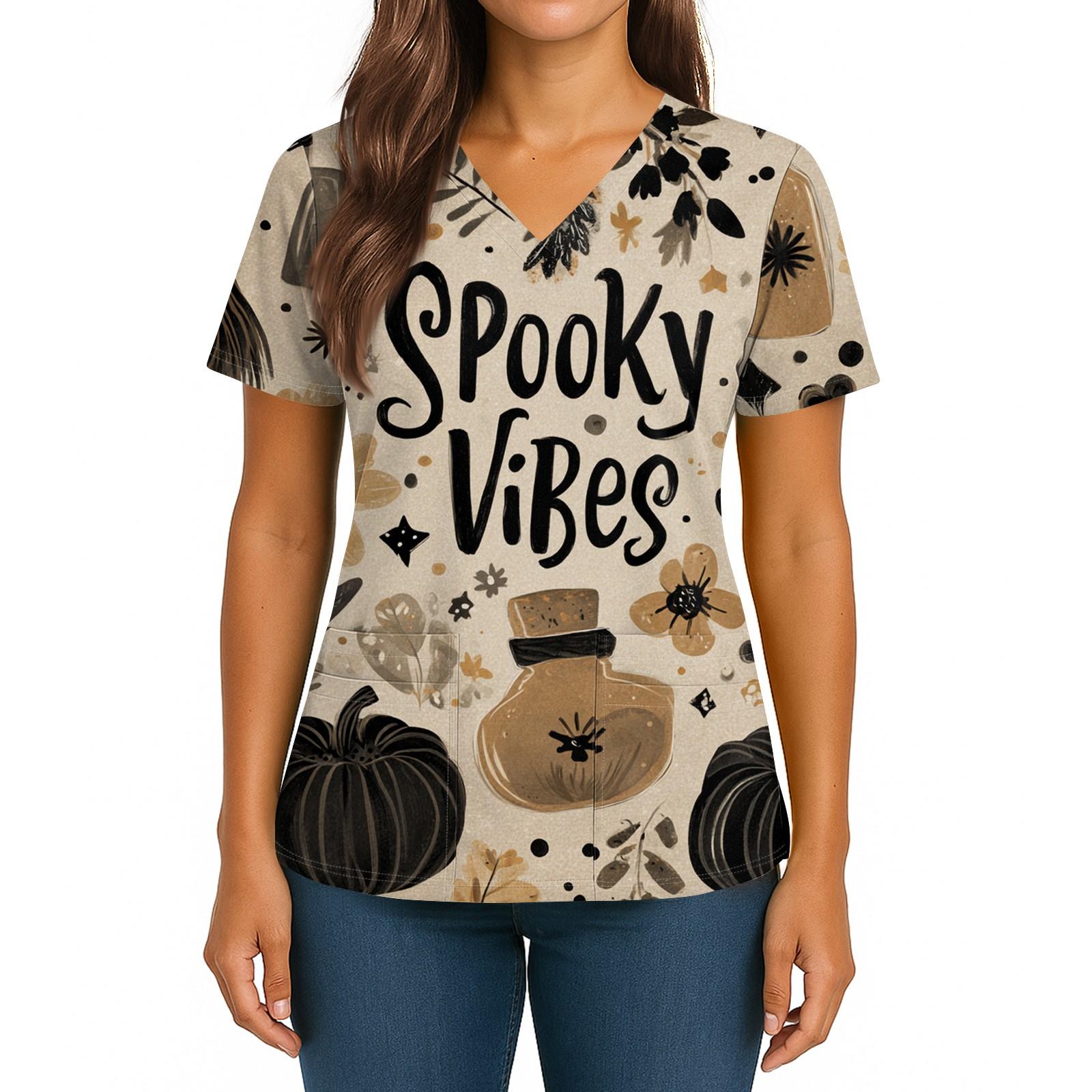 

Женский Хэллоуинский Принт V-образный вырез Двойной карман Короткий рукав Разрез по подолу Топ для униформы/сиделки M хаки