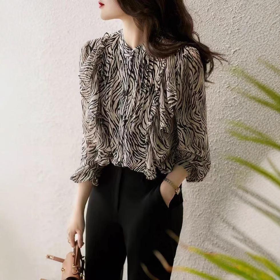 Female Spring and Summer Thin Section Long-sleeved Ruffled Loose Chiffon Shirt Striped Commuter Temperament Shirt