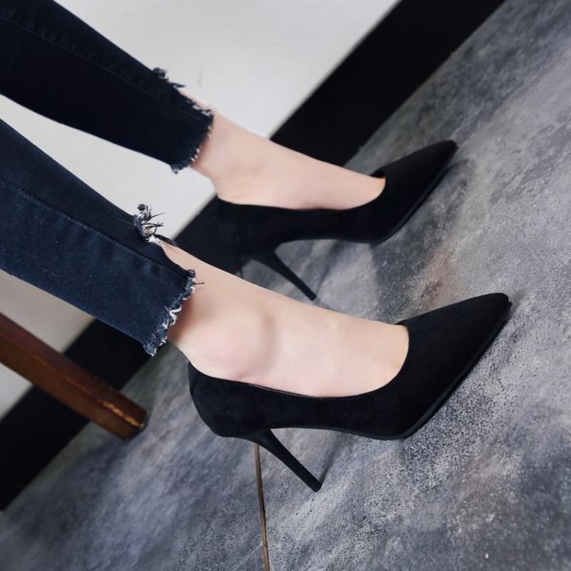 New Fashion Women's Shoes Sexy Black High Heels Sharp Pointed Suede Pumps Elegant Shallow Mouth Shoes