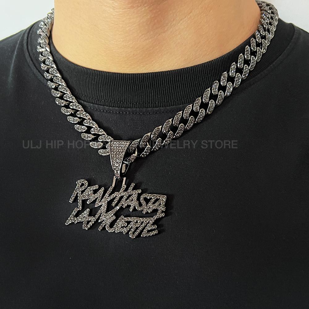 

ULJ Men Women Hip Hop realhasta lamuerte Letter Pendant Necklace 12MM Cuban chain Iced out Bling Hiphop Fashion Charm Jewelry 24inch Necklace чорний