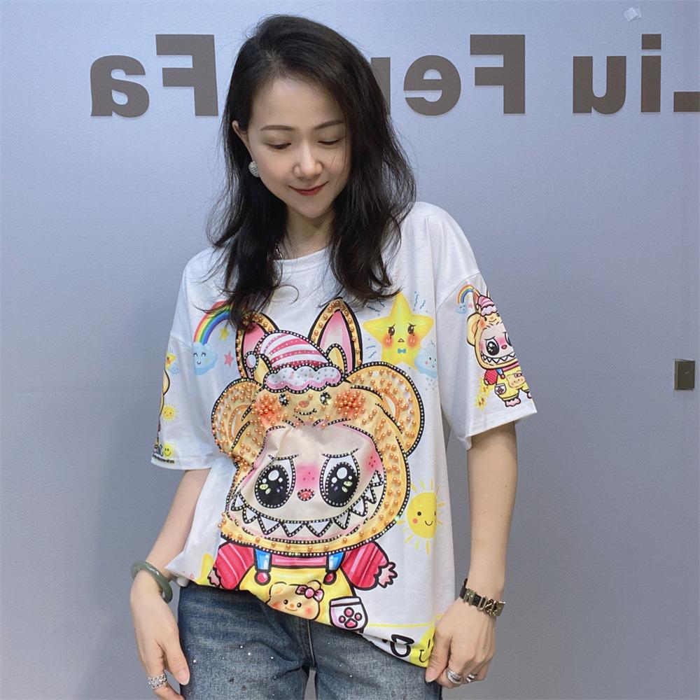 Plus Size Short Sleeve T Shirts Women Summer Clothing Embroidered Flares Cartoon Printed Diamonds Casual Loose O Neck Knitwear