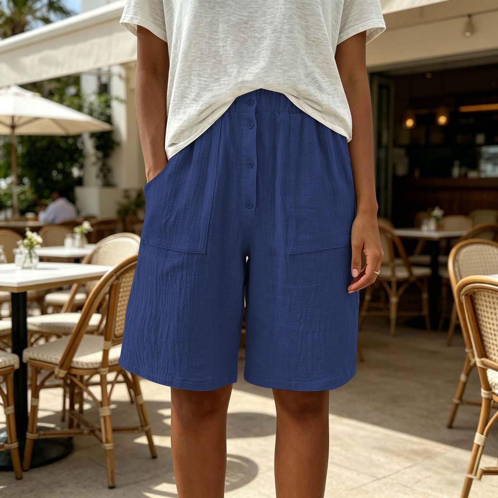 Women's Casual Loose Fit Color Mid-Length Shorts with Elastic Waistband and Button Pockets