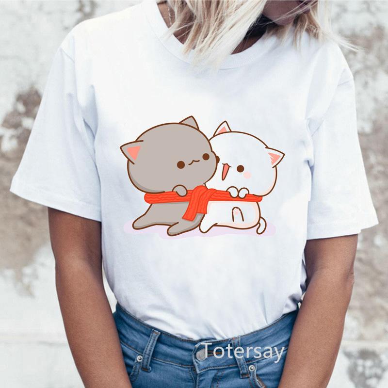 

Fashionable Women Harajuku Funny Peach Cat T-Shirt Ladies Streetwear Kawaii Pattern O-Neck T Shirt Tops Casual Women Tshirt S білий