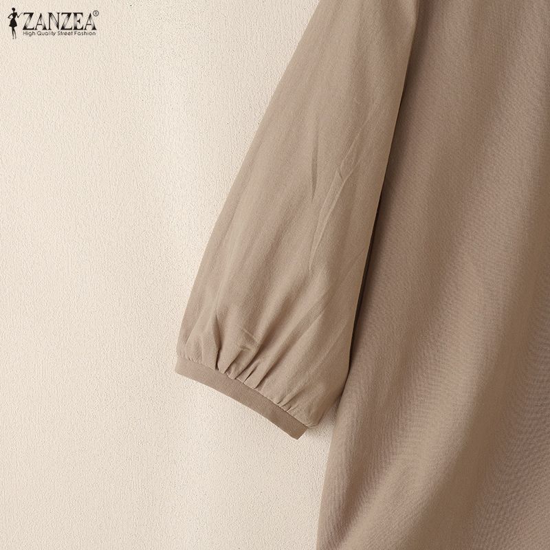 ZANZEA Women Casual Round Neck Solid Color 3/4 Sleeve Cotton Blouse