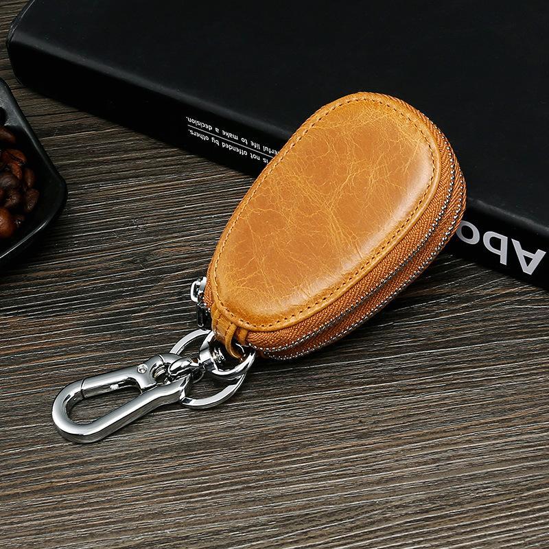 Vintage Unisex Leather Key Case with Double Zipper and Multi-Function - Soft Surface Oil Wax, Car Key Holder, Genuine Cowhide