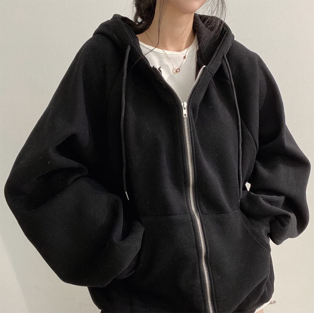 Hoodie with Fleece Loose Harajuku Long Sleeve Top for Fall and Winter QYY-1 Women's Zip-Up Lining, Thick, Warm, Stylish, Casual, Fit, Oversized,