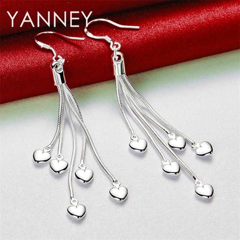 Exquisite 925 Sterling Silver Tassel Heart-Shaped Pendant Earrings for Women, Fashionable Wedding Jewelry Gift Accessories
