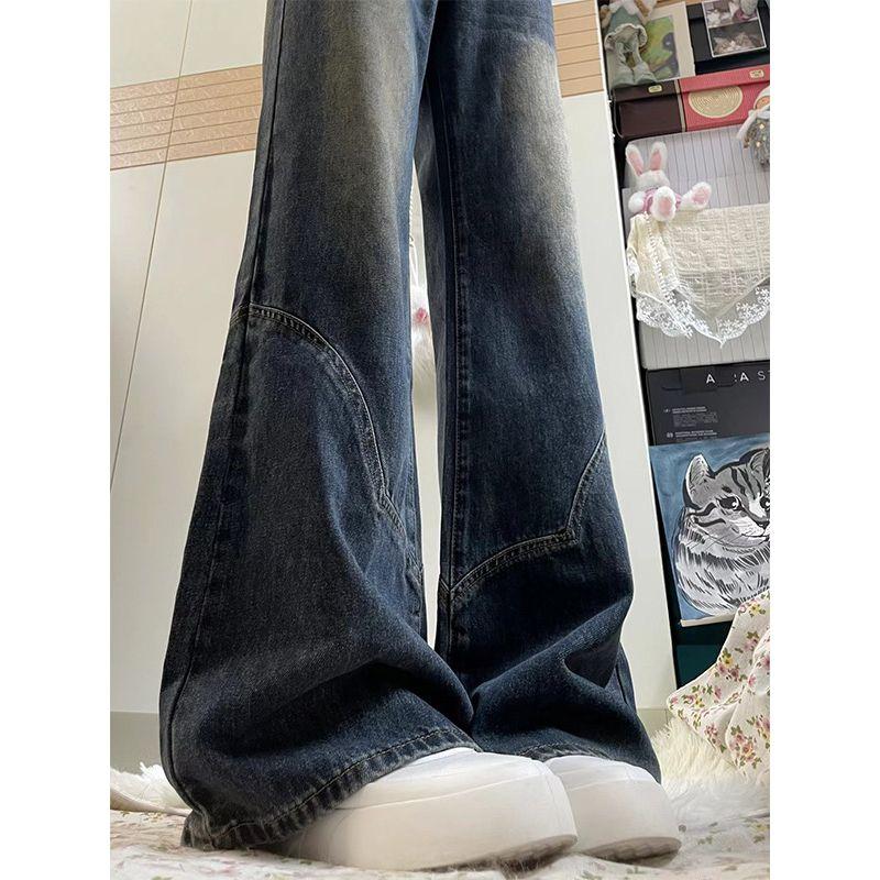 Cement Gray American High Street Retro Straight-Leg Pants Denim Female New Arrival Loose High Waist Wide-Leg Pants Trendy Summer