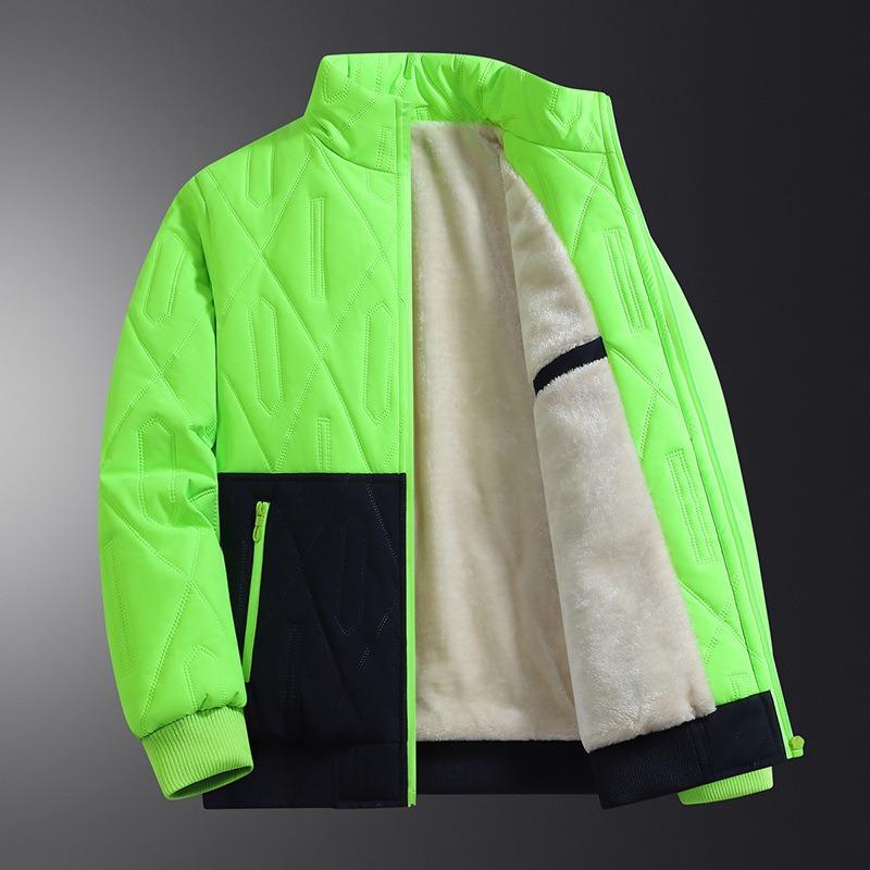 Fleece and Thickened Cotton-padded Men s Off-collar, Cotton-padded Men s, Dad s Casual Jacket, Old Men s Stand-up Collar Leather Cotton-padded Clothes M флуоресцентный зеленый