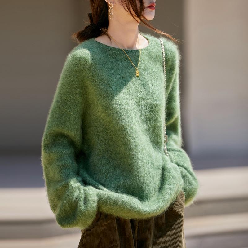 Autumn and winter new camel wool knitted loose sweater thickened large size lazy wind women's round neck pullover