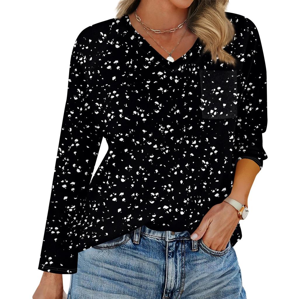 Women's Raglan Long Sleeve V-Neck T-Shirt Splicing Solid Color Casual Top Pullover V-Neck Pocket Bottoming Shirt