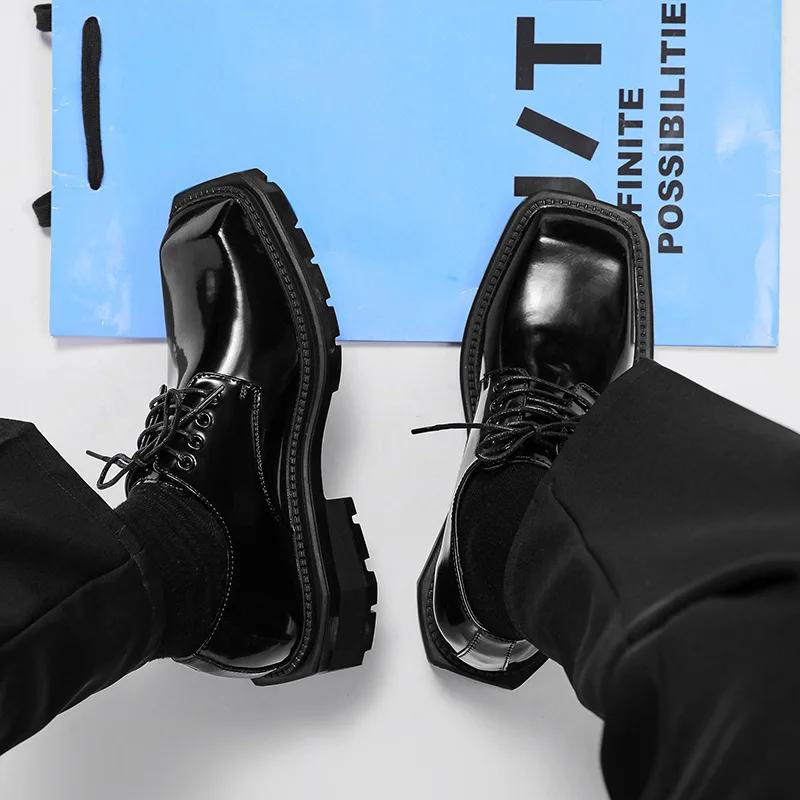 Fashion Men's Shoes New Square Head Leather Shoes Fashion Casual Formal Dress Loafers for Men Lace-up Black British Business Work Shoes