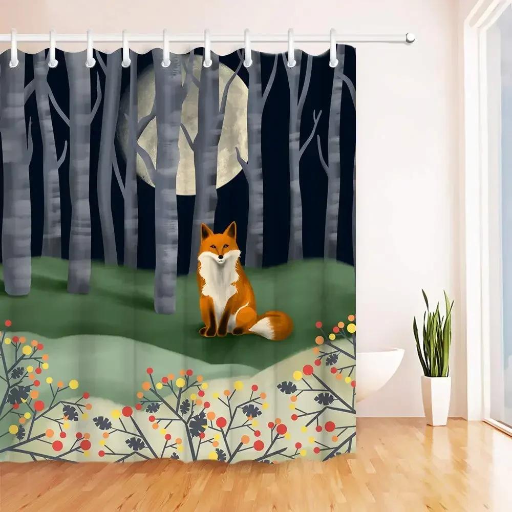Painting Animal Lover Fox In The Forest Shower Curtain,Rustic Lodge Forest Hunting Bathroom Decor Wild Animals Bathroom Curtains