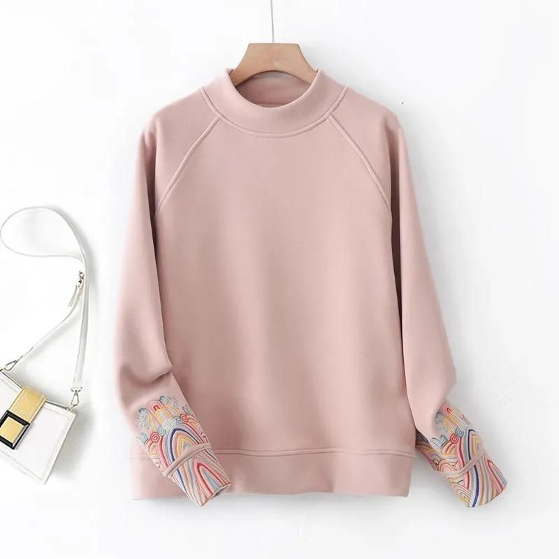 Frühling Herbst Neuer Stil Nationale Mode Oberteile Damen Locker Lässig Halber Rollkragen Einfarbig Vielseitig Pullover Trendig