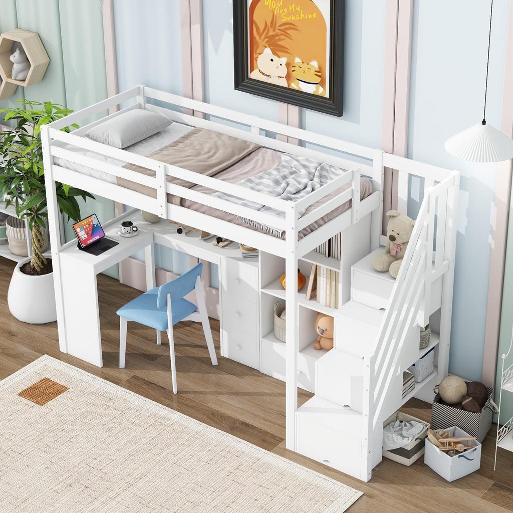 Hochbett 90x200, Kinderbett mit Schreibtisch und Schubladen, Stauraumbett mit Offener Stauschrank und Verstaubare Trittleiter, Bettgestell mit Latt...