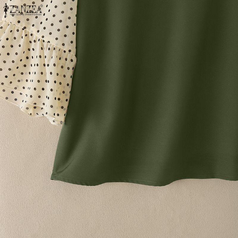 ZANZEA Women Casual Round Neck Polka Dot Print Splice 3/4 Sleeve Loose Blouse