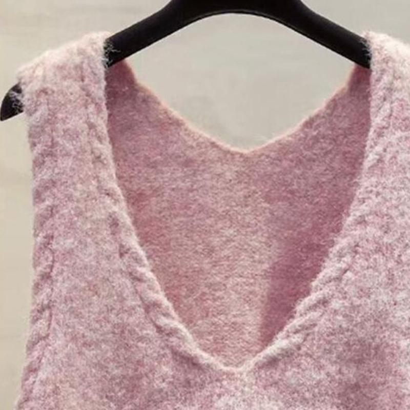 Women's Korean Chic Retro Lazy Style Knitwear High-End Pink V-Neck Vest Sweater