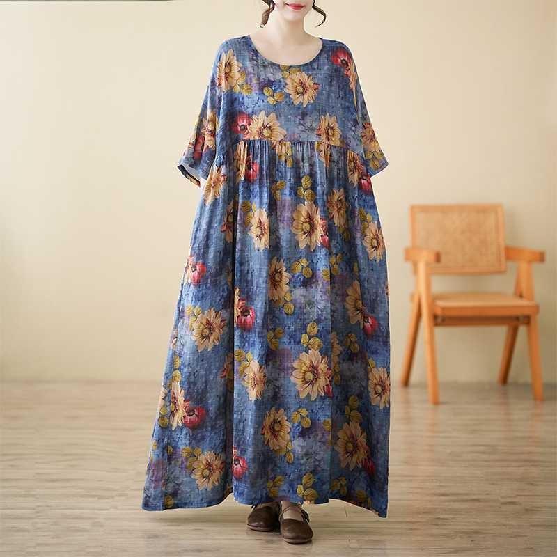 Women's Relaxed Fit Linen Blend Dress - Flowy Swing Style with Short Sleeves
