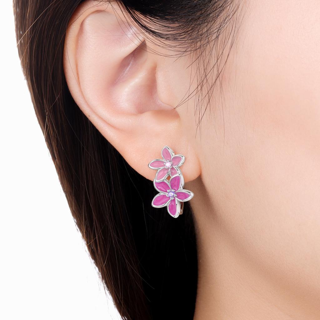 Original NEW S925 Silver Pink Purple Flowers Plants leaf Series Earring Hoop Earrings Women Jewelry Party Gifts