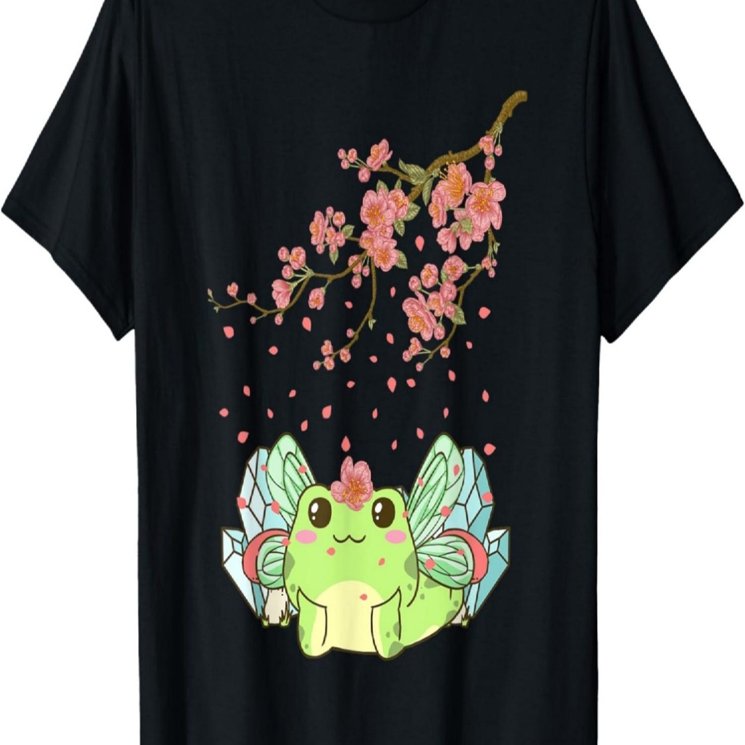 Эстетика Фейрикор Милый Кавайный Лягушонок-Фея Цветение Сакуры Футболка(3) S чёрный