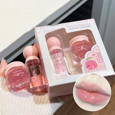 Peach Lightweight Lips Set Clear Glass Moisturizing Lip Balm Transparent Lip Oil Hydrating Jelly Day & Night Lip Mask Set