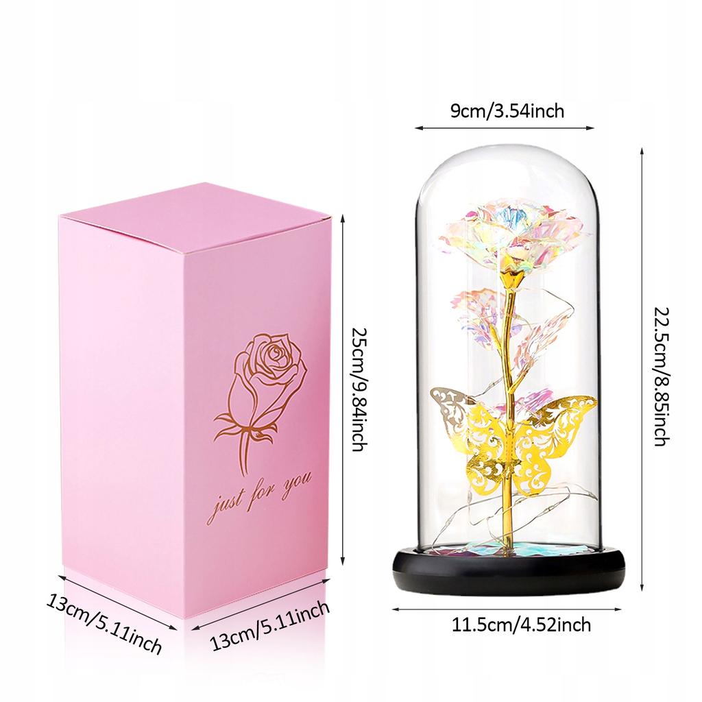 Ewige Mehrfarbige Rose im Glas Leuchtende LED Geschenk Regenbogen