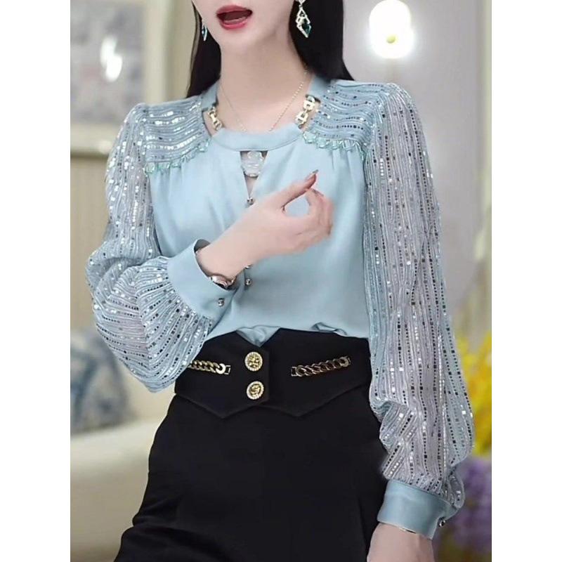 French Round Neck Long-sleeved Casual Shirt, Fashionable and Elegant Sequin Stitching Hollow Out Elegant All-match Shirt