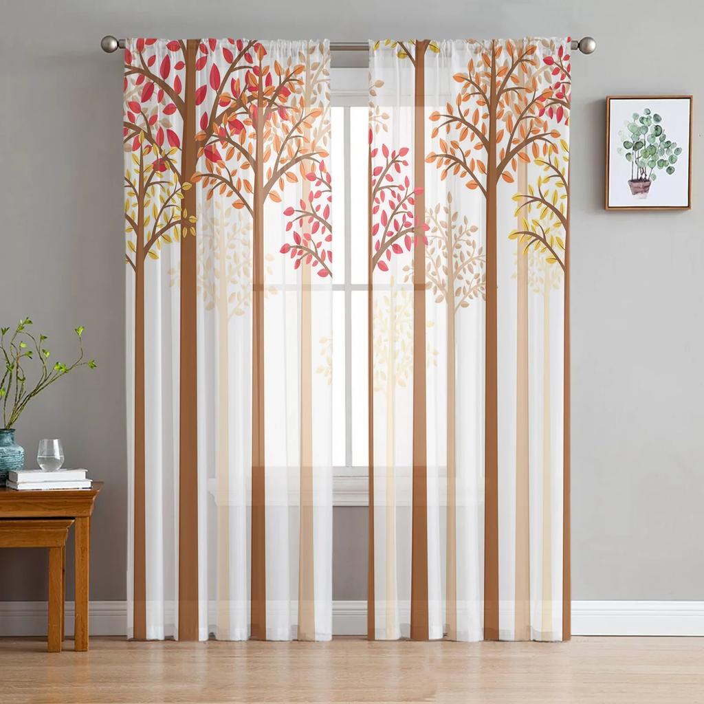 Cortinas Traslúcidas de Tronco de Árbol de Hojas de Otoño para Decoración de Dormitorio Sala de Estar Cortina de Ventana para Cocina Cortinas de Tul Voile Organza