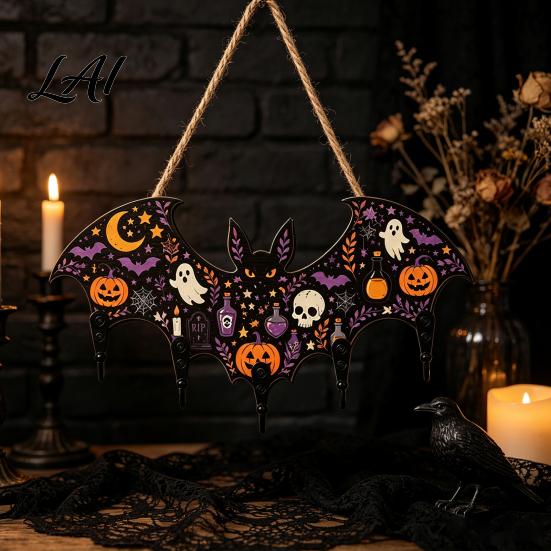 Decorative Entryway Key Hanger Halloween Bat Shaped Wooden Hook 2D Wall Mounted Hanging Decor with Holder for Pumpkin Ghost Witch Pattern,