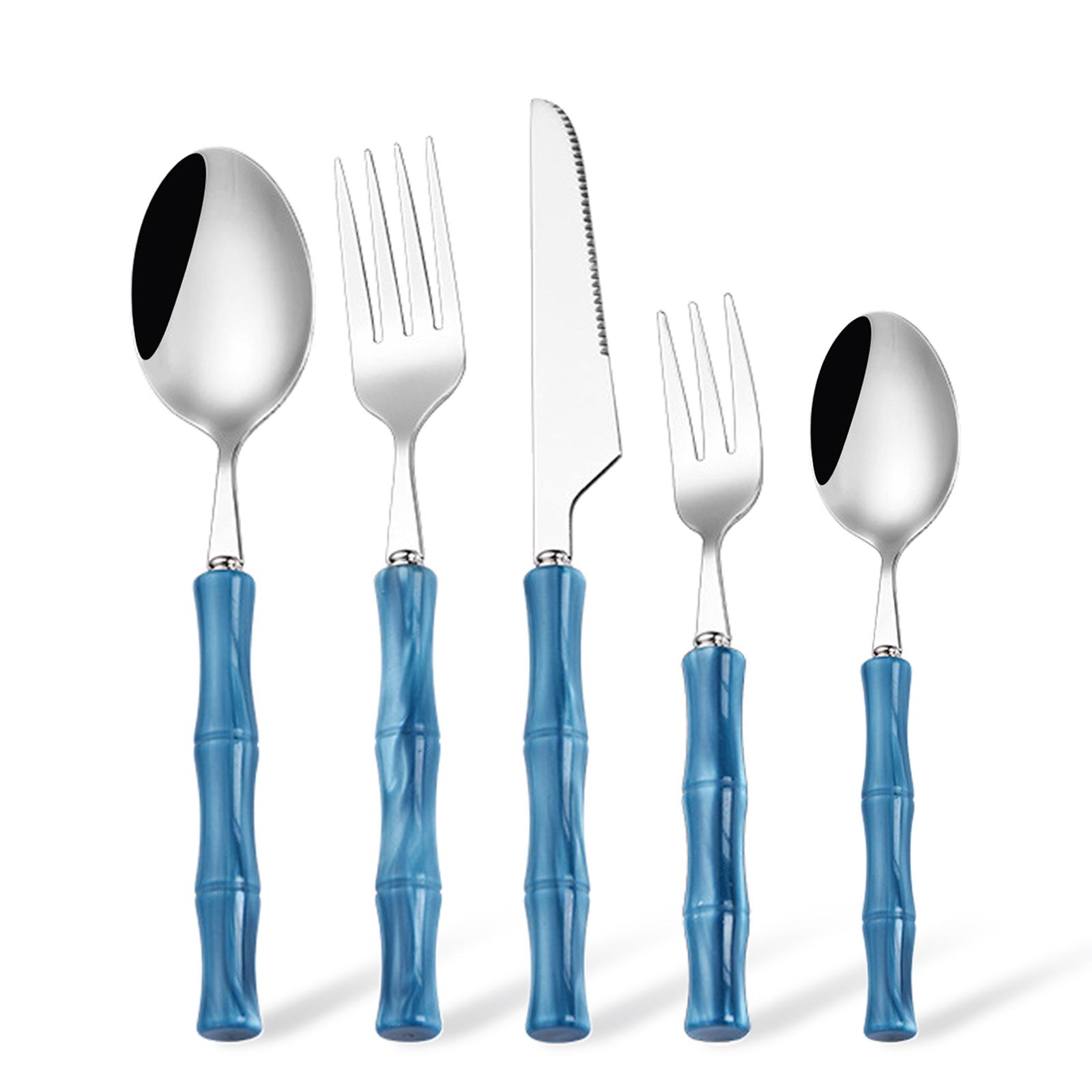 

304 Stainless Steel Flatware Set with Acrylic Handle, Modern Silverware for Home Kitchen Restaurant, Bamboo Style Design, 5 Pieces Service for 1 синий